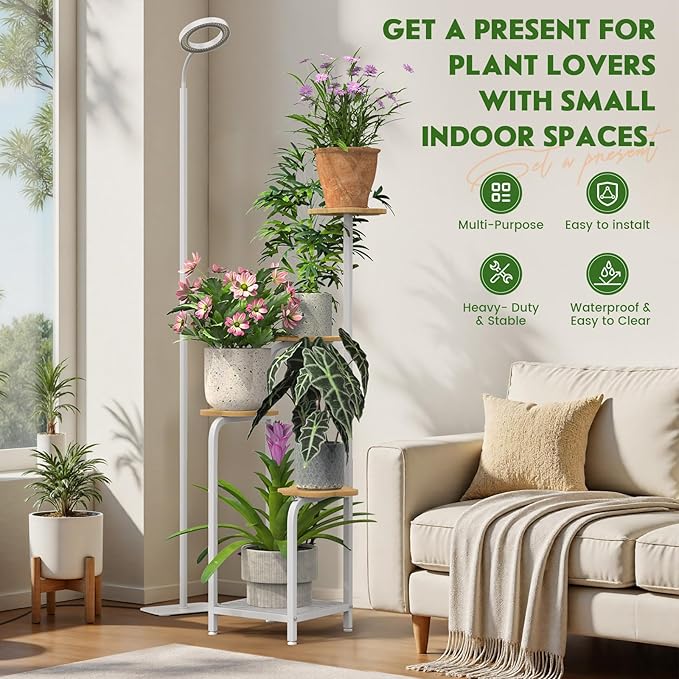 TOSKING 48" Tall Plant Stand Indoor with Full Spectrum LED Grow Lights & Timer – 5-Tier Corner Plant Shelf for Home, Office, Balcony (Grow Light 5 Tier-White)