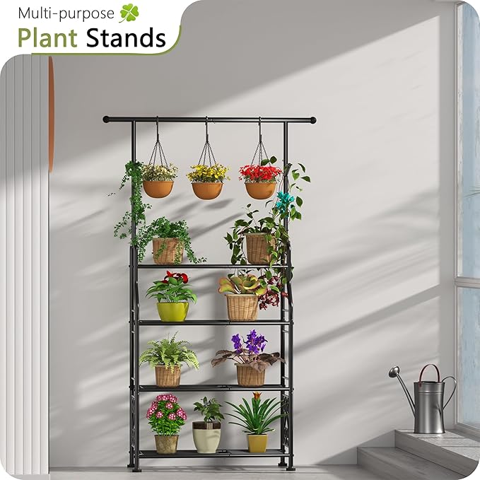 GIOTORENT Plant Stand Indoor Outdoor, 4-Tier Heavy Duty Metal Shelves, Display up to 17 Multiple Plants, Tall Plant Holder with Plant Hanger, Suit for Patio Living Room Garden Balcony, 5 Hooks, Black