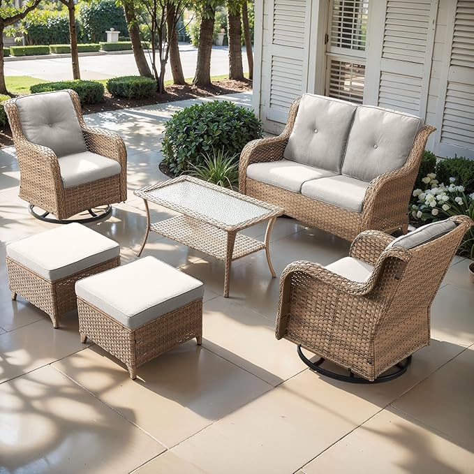 Outdoor Wicker Patio Furniture Set - 6 Piece Rattan Patio Conversation Set with 2 Rocking Swivel Chairs,2 Ottomans,1 Loveseat and 1 Coffee Table for Porch Deck Backyard Garden(Yellow/Beige)
