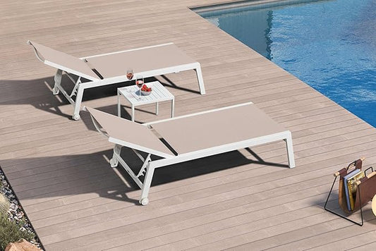 PURPLE LEAF Outdoor Chaise Lounge Set Adjustable Sunbathing Recliner with Side Table for Poolside Beach Outside Patio Aluminum Chaise Lounger Khaki