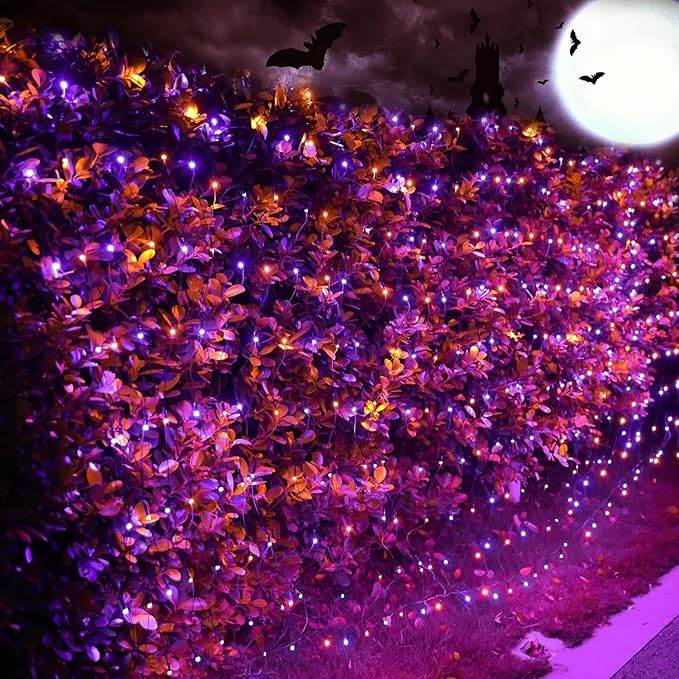 Joomer 12ft x 5ft 360LED Orange Purple Halloween Net Lights Outdoor Mesh lights, 8 Modes Timer Connectable Waterproof Bush Lights Mesh Netting Lights for Halloween Outdoor Decorations (Green Wire)