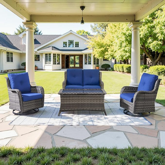 4 Piece Patio Furniture Set - Outdoor Glider Bench with Swivel Rocker Chairs and Coffee Table, High Back Small Outdoor Conversation Furniture Sets for Deck Sunroom Balcony Backyard