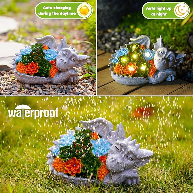 Solar Dragon Statue with Succulent Lights - Dragon Garden Sculptures & Statues，Garden Decor for Outdoor Yard Art Ornaments 9.1inch (Gray)