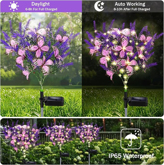 Solar Garden Lights Outdoor, 6 Pack Solar Butterfly Lights Purple Lavender Gardening Gifts for Women, Purple Solar Artificial Flower with Butterfly Purple Garden Decor for Lawn Patio-Warm White
