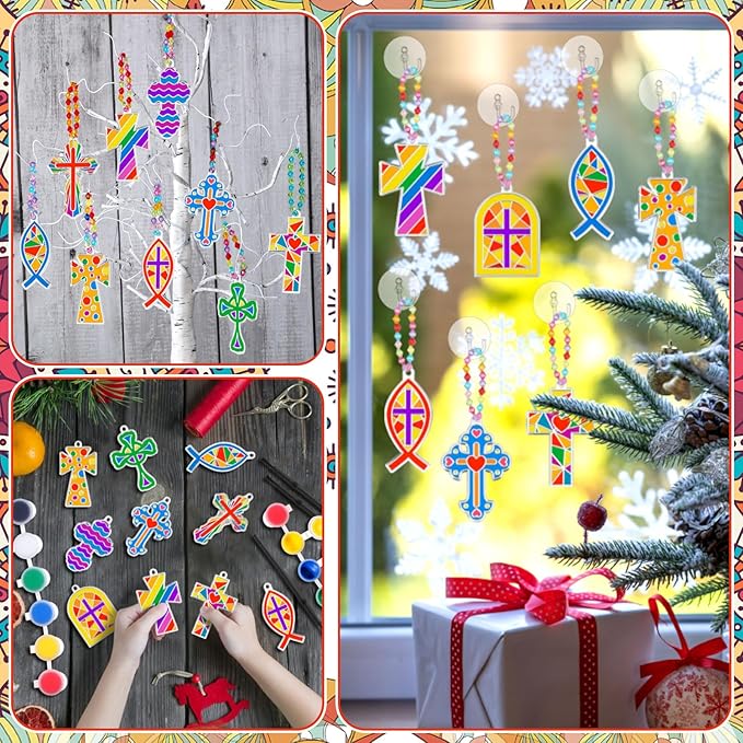 30 Sets Cross Suncatchers Window Art Kits, Christian DIY Sun Catchers Bulk Religious Crafts Paint Your Own Cross Window Ornaments for Boys Girls VBS Sunday School Classroom Home Party Decor