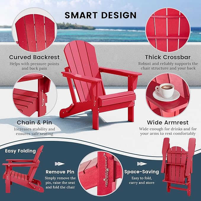 Westin Outdoors Laguna WO Home Furniture Adirondack Chair 2 PCS Set Outdoor Folding Patio Chair for Bon Fire Pit Garden Lawn Backyard Lounging Relaxing (Red)