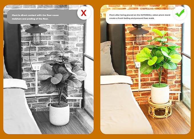 Set of 2 Boho Rattan Woven Round Decorative Risers Plant Stands Indoor, Mid Century Minimalist Modern Plant Stand, Wicker Short Plant Stand Holder Suitable Fits 8'' and 12'' Pots