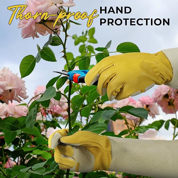 HANDLANDY Rose Pruning Gardening Gloves for Men Women, Thorn Proof Forearm Protection Leather Garden Gloves, Gardening Gifts for Gardeners (Yellow- goatskin, Medium (Pack of 1))