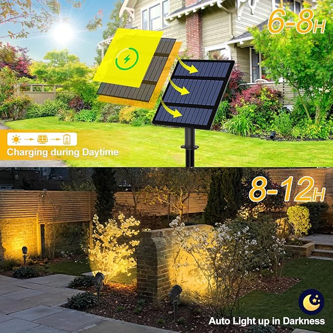 T-SUNUS 6-in-1 Solar Spot Lights for Outdoor Warm White 3000K Landscape Spotlight IP65 Waterproof Separated Panel Uplights with 9.8ft Cable Auto On/Off for Tree Yard Lawn House Driveway Pathway Pool