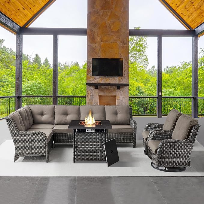 Outdoor Sectional Furniture Sofa Set with Propane Fire Pit Table, Wicker Patio Conversation Set with 2 Swivel Rocker Glider Chairs Grey Cushion Perfect for Backyard Casual Gathering