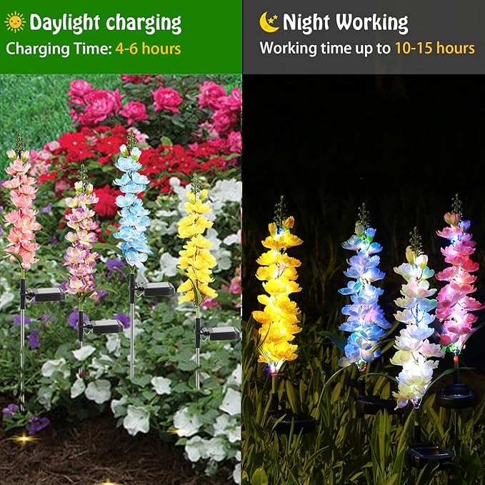 Solar Delphinium Flowers Lights Waterproof Color Lights Upgraded Solar Panel 2 Light Modes Solar Waterproof LED Solar Lights Outdoor for Yard Garden Lawn Pathway Decoration (2)