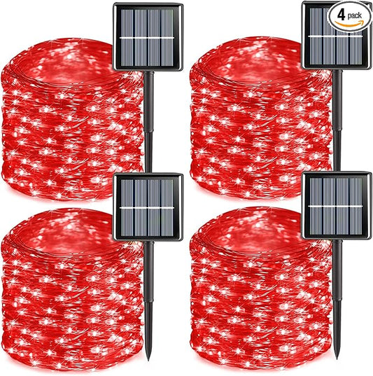 YEGUO 4 Pack Red Solar Fairy Lights Outdoor Waterproof, Each 33ft 100 LED String Light, 8 Modes Silver Wire