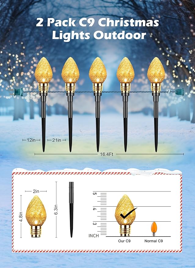 Brightown 2 Pack Strawberry C9 Christmas Pathway Lights Outdoor - Total 34.8 Feet 20 LED Christmas Walkway Lights, Christmas Lights Outdoor Decorations for Yard Lawn Holiday Outside, Warm White