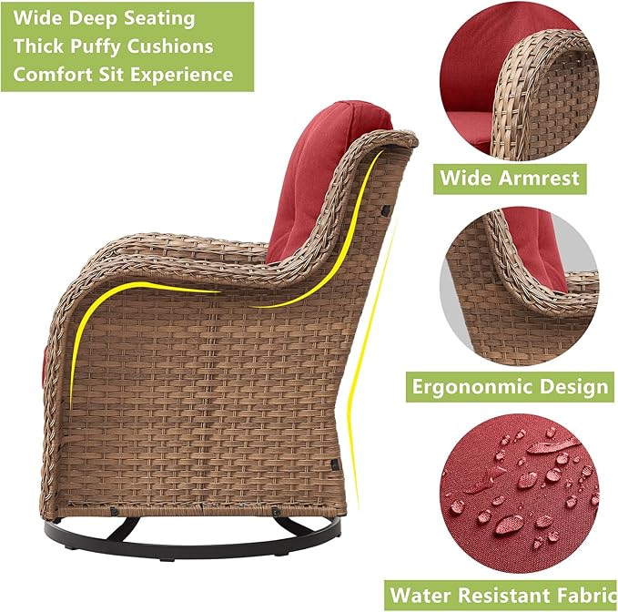 Outdoor Wicker Patio Furniture Set - 5 Piece Rattan Patio Conversation Set with 2 Rocking Swivel Chairs,2 Ottomans and 1 Sofa for Porch Deck Backyard Garden(Yellow/Red)