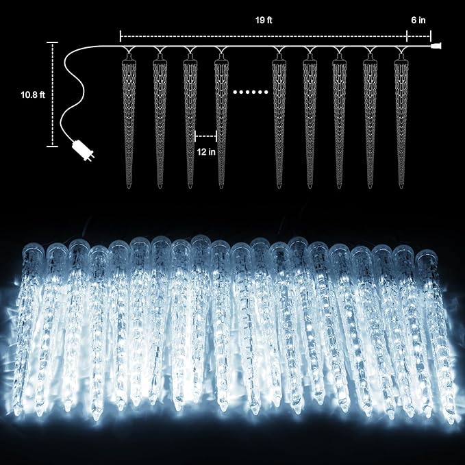 Christmas Meteor Shower Lights Outdoor, 30 Ft With 20 Large Tube 480 LED Dropping Effect, Waterproof Icicle Indoor for Tree Patio Roof Holiday Decor, Cool White