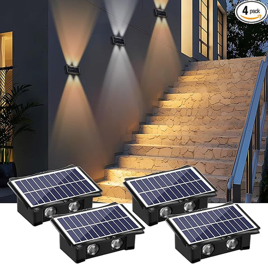 4LED Solar Wall Lights, Up and Down Lighting Solar Light Outdoor Waterproof IP65, 6500K/3000K Solar Fence Light for Yard Garden Garage Christmas Decorations (4 Pack)
