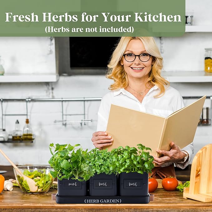 PERFNIQUE Indoor Herb Garden, Herb Garden Planter Set with Tray, Farmhouse Indoor Plant Pots, Windowsill Herb Garden with Drainage(Planter only) for Indoor/Outdoor, Window Pots(Matte Black)