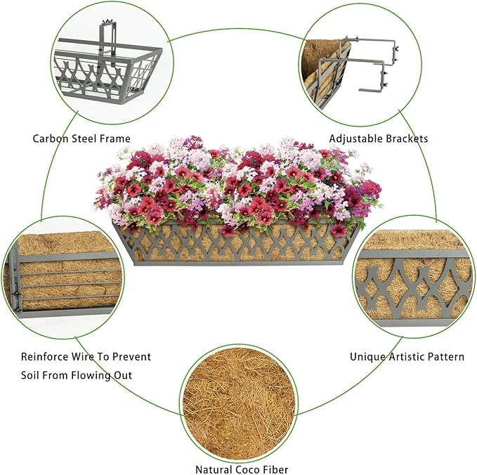 Window Boxes Planters: 2 Pack 30 Inch Railing Planter Box with Adjustable Brackets for Porch Fence Patio Balcony Hanging Flower Baskets with Coco Liners for Outdoor Garden Decor - Grey