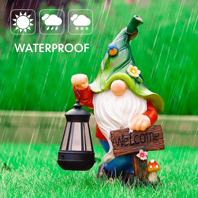 Garden Gnome Statue, Resin Figurine with Bright Solar Lantern Lights and Welcome Sign, Outdoor Solar-Powered Illumination Yard Art Decorations for Indoor Outdoor Patio Lawn Garden Room