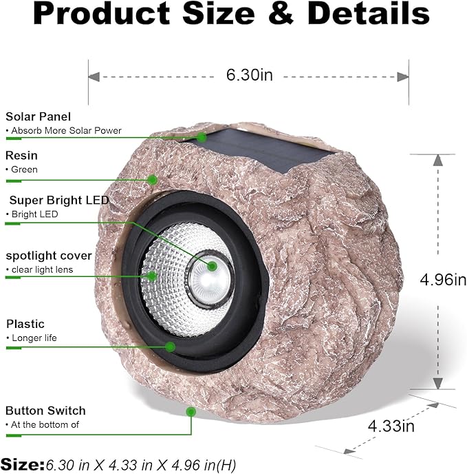 Outdoor Solar Rock Light, Waterproof LED Solar Spotlight, Garden Landscape Lights, Decorative Garden Rock Lights for Paths, Sidewalks, Patio and Landscaping - 2 Pack