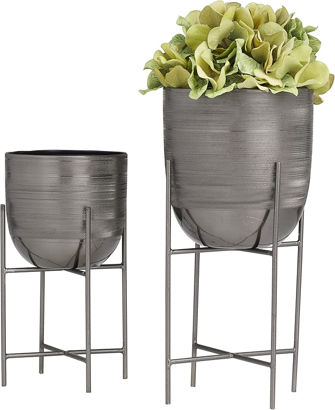 Deco 79 Metal Indoor Outdoor Planter Small Planter Pot with Removable Stand, Set of 2 Planters 12", 9"H, Gray