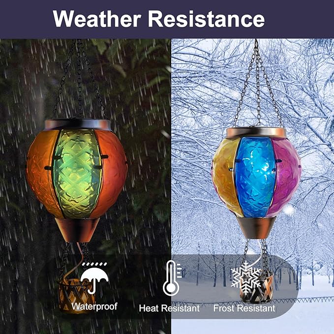 Solar Hot Air Balloon Lantern with Flickering Flame, Hanging Solar Lantern Garden Lights Glass Outdoor Waterproof Candle LED Lights for Garden/Yard/Patio Decor Mother's Day Gifts (Colorful)