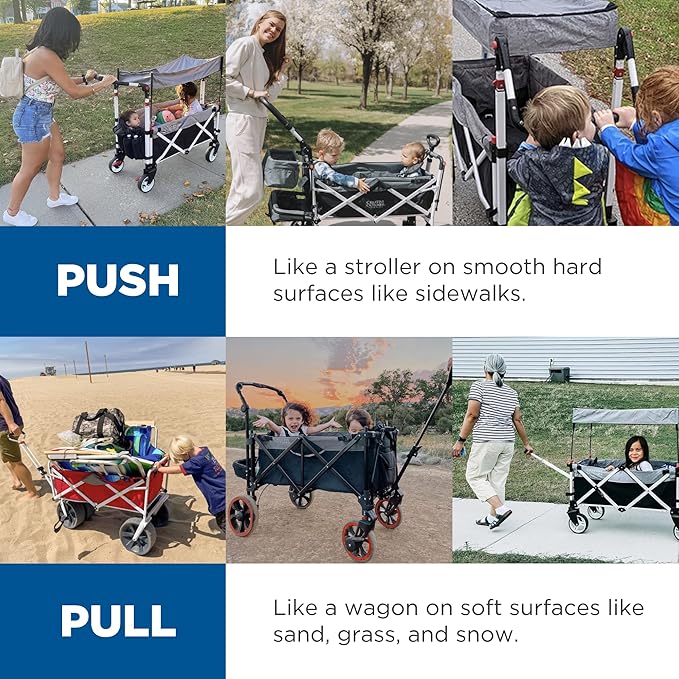 Creative Outdoor Push Pull Stroller Wagon for Kids,150lbs Weight Capacity, Collapsible Folding Cart with Canopy, Silver Series Plus, Beach, Park, Garden & Tailgate (Blue/Gray)