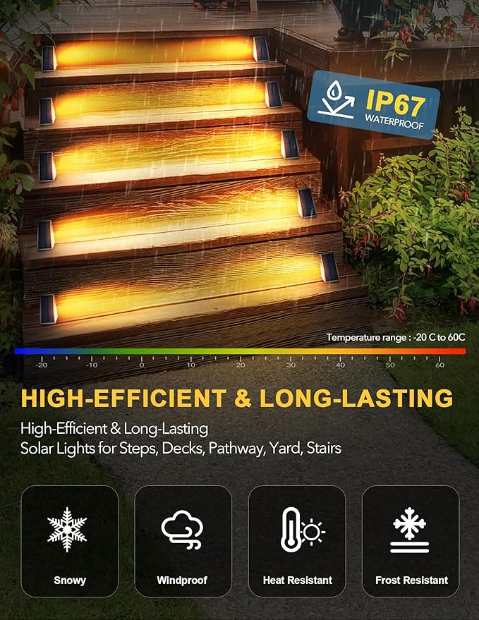 LED Solar Step Lights Waterproof Outdoor Stair Lights, Warm White Solar Deck Lights IP67 Solar Decoration Lights for Yard, Patio, Garden, Walkways, Front Door, Pathway, Driveway, Porch 12 Pack