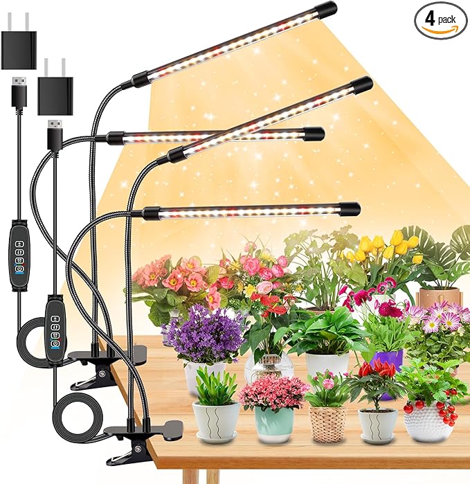 4 Heads Grow Lights for Indoor Plants, Full Spectrum LED Plant Lamps with Clips and 120 inch Cables for Seeding Growing(with Adapter)