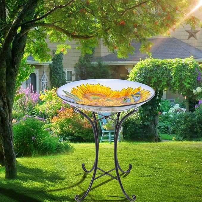 VCUTEKA Bird Baths for Outdoors, Glass Bird Bath with Metal Standing for Garden, Yards Patio Décor, Bird Lovers Gift, Sunflower Glass Birdbath Detachable (22" H * 18" W)