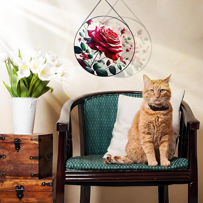 RIVEENY Red Rose Stained Glass Window Hanging,8" Valentines Day Rose Gifts for Wife Girlfriend,Birthday Gift for Women, for Mom Grandma Aunt Sister