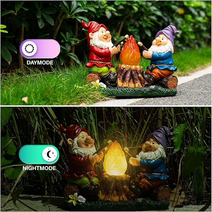 mopha Solar Garden Gnomes Statues Outdoor Christmas Flame Lights Decor, Resin Gifts Figurines Outside Decoration Ornaments Clearance Gardening Decoration