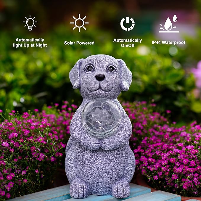 Solar Dog Garden Statues - 8.4 "Dog Decor with Gazing Ball Solar LED Lights, Unique Gifts for Mom Grandma Birthdays, Outdoor Decor for Outside Lawn Porch Patio (Gray)