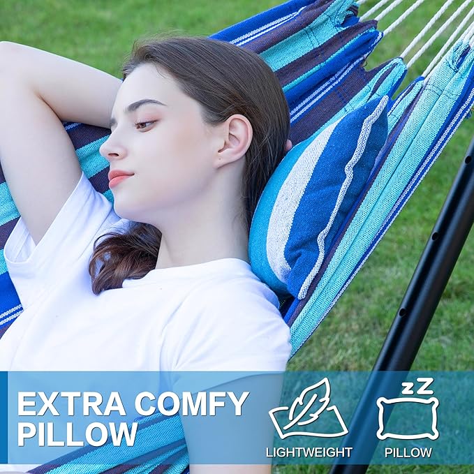 PNAEUT Double Hammocks with Stand for Outside, Portable Space Saving Heavy-Duty Steel Stand for Indoor Outdoor Patio with Carrying Bag, 450 lbs Capacity (Blue Lagoon)