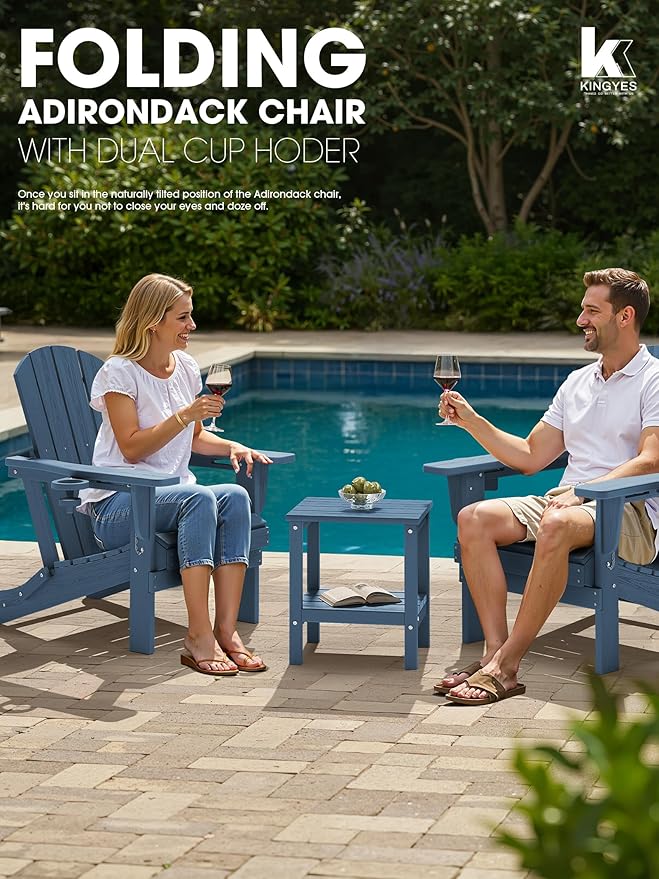 KINGYES Folding Adirondack Chair Set of 6, Dual Cup Holders & All-Weather HDPE, Wood-Like Patio Chair for Backyard, Camping,Pool & Fire Pit, Navy