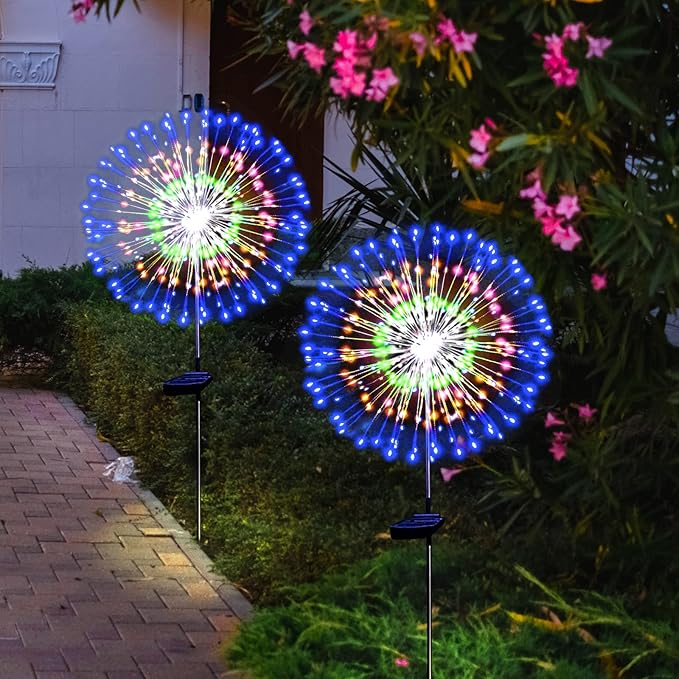 Solar Garden Firework Lights Outdoor Waterproof 2 Pack Solar Powered Art Stake Twinkle Lighting Outside Solar Lights Upgrad 180 LED Sparklers Lights for Yard Party Decorations (Colorful)