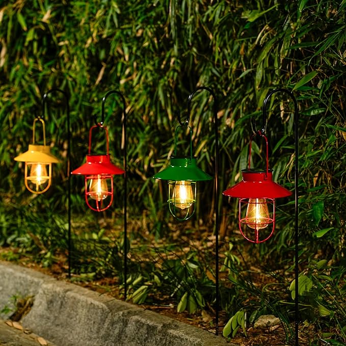 Solar Lights Lantern Lamp with Shepherd Hook, Solar Metal Lanterns, Outdoor Lights Decor,Edison Bulb Lights for Garden ,Outside Decor for Pathways,Patio, Lawn, or Landscaping(Green)
