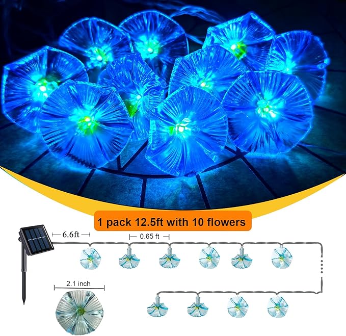 Solar Petunia Blue Morning Glory Flowers and Solar Hawaiian Frangipani Flower String Lights Tropical Flowers