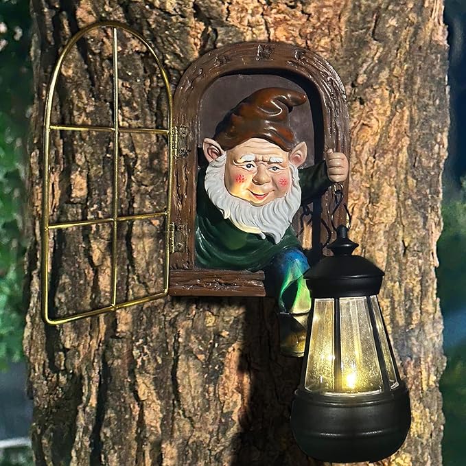 Fairy Garden Statues Gnomes Solar Lantern - Whimsical Elf Out The Door Tree Hugger Figurines Fence Wall Yard Art Home Decor Outdoor Tree Face Sculpture, Ideal Birthday Housewarming Decorations Gifts