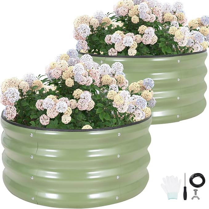 G GOOD GAIN Round Raised Garden Bed - 2Pcs 2x2x1ft Galvanized Steel Planter Boxes Outdoor with Rubber Edge Trim | Metal Raised Beds for Gardening Vegetables Flowers Fruits Herbs (Olive Green)