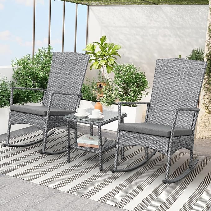 Outdoor Rocking Chair 3 Pieces High-Backed Rocking Chair Patio Rocking Chairs Outdoor Table and Chairs Anti-Slip Cushions Dark Grey