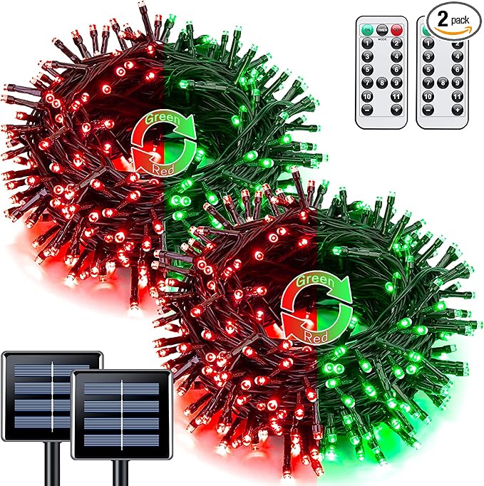 JMEXSUSS Red and Green Solar Christmas Lights Outdoor Waterproof, 2 Pack 100 Led 33ft Color Changing Christmas Lights, 8 Modes Solar String Lights for Christmas Tree Decor
