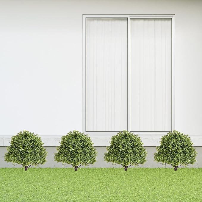 27" Tall Artificial Boxwood Ball Topiary Trees Set of 2, UV Resistant Large Faux Plants Outdoor, 2ft Fake Bushes and Shrubs Look Real with Ground Spike for Front Porch Outside Planter Backyard Decor