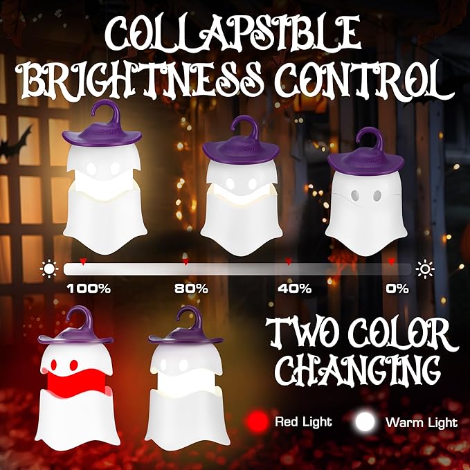 EverBrite 6-Pack Halloween Hanging Ghost Lights, Collapsible Ghost Camping Lantern, Two Color Changing, Indoor/Outdoor Halloween Spooky Party Decorations, Battery Included