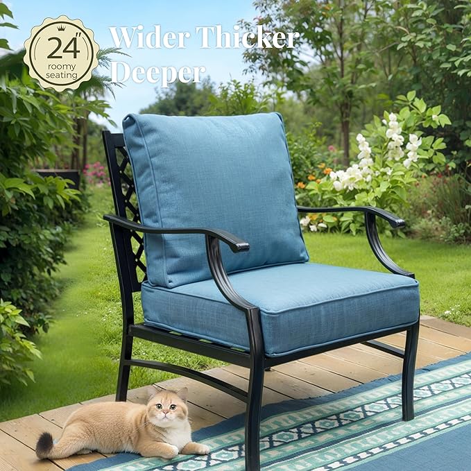 Patio Furniture Set with Fire Pit Table, 5 Pcs Metal Outdoor Conversation Set, 4 Single Chairs with 5.75" Extra Thick Cushion and 28" Fire Pit Table for Backyard Deck, Navy Blue