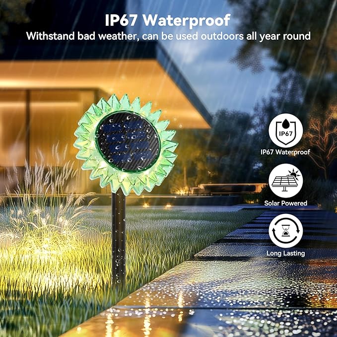 Outdoor Solar Lights, 2 Pack Led Solar Sunflower Lights, Stake/Wall 2-in-1 Waterproof Solar Garden Lights for Yard, Landscape, Fence, Patio, Driveway, Pathway, Backyard Decoration (Warm White)