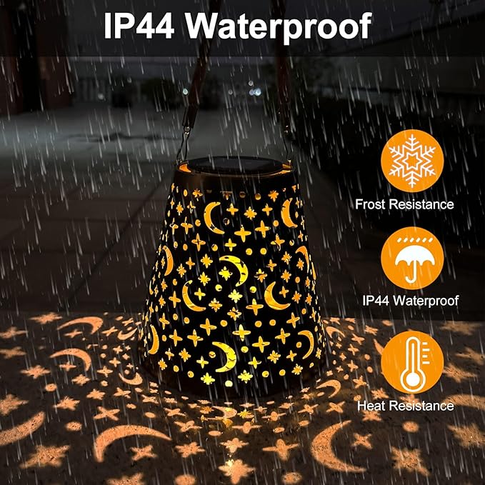 Hanging Solar Lanterns Outdoor Waterproof Star Moon Solar Lights Metal Outdoor Decor, LED Decorative Solar Garden Lights for Garden, Backyard, Tree, Porch(1 Pack)