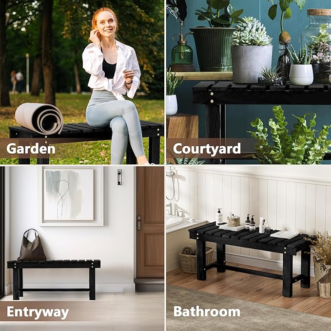 Nidouillet Outdoor Garden Bench, Weatherproof Patio Benches 2-Person Seat Backless Wooden Porch Bench, Multifunctional Slat All Weather Bench for Garden Lawn Porch Park Backyard (Black, 35.5 inch)