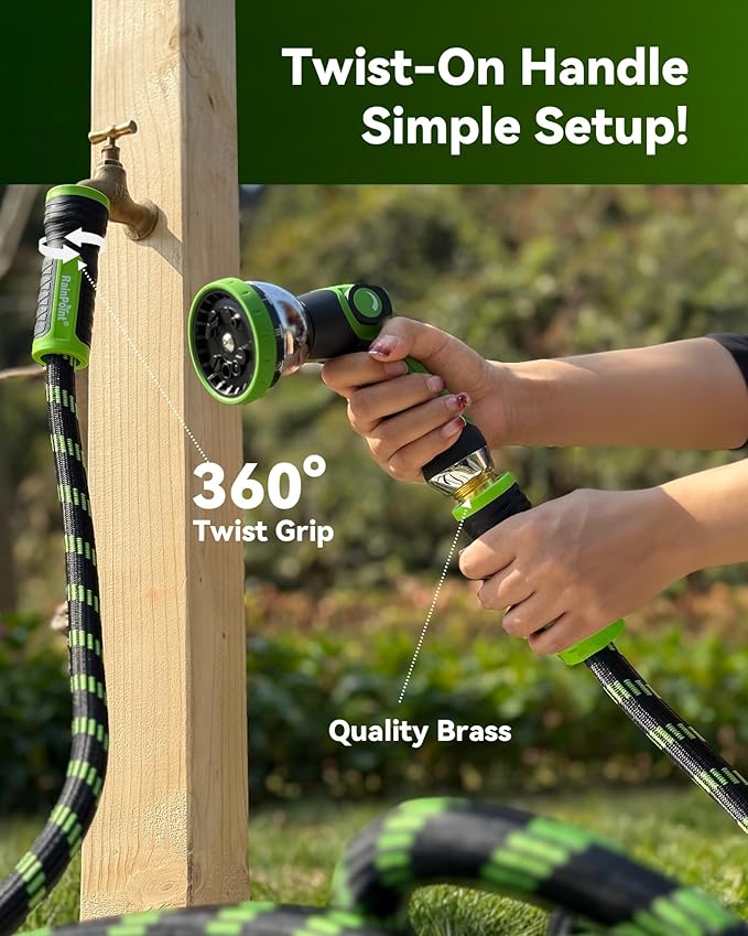 RAINPOINT Metal Garden Hose 25 ft - No-kink 304 Steel Water Hose with 10 mode Nozzle - Brass Connection, Swivel Handle, Flexible Hose,Lightweight, Puncture