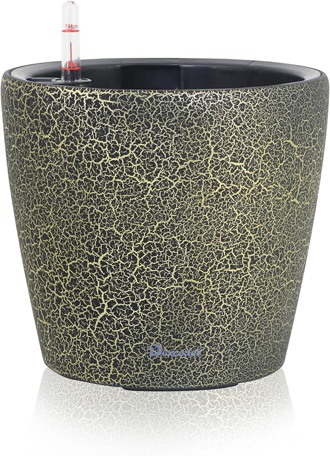 Dexceder 11x10 Inches Self Watering Planter Indoor Outdoor, Inner Pot Design, Thickened Table Flower Plant Pot with Water Level Indicator (Black Gold Crackle)